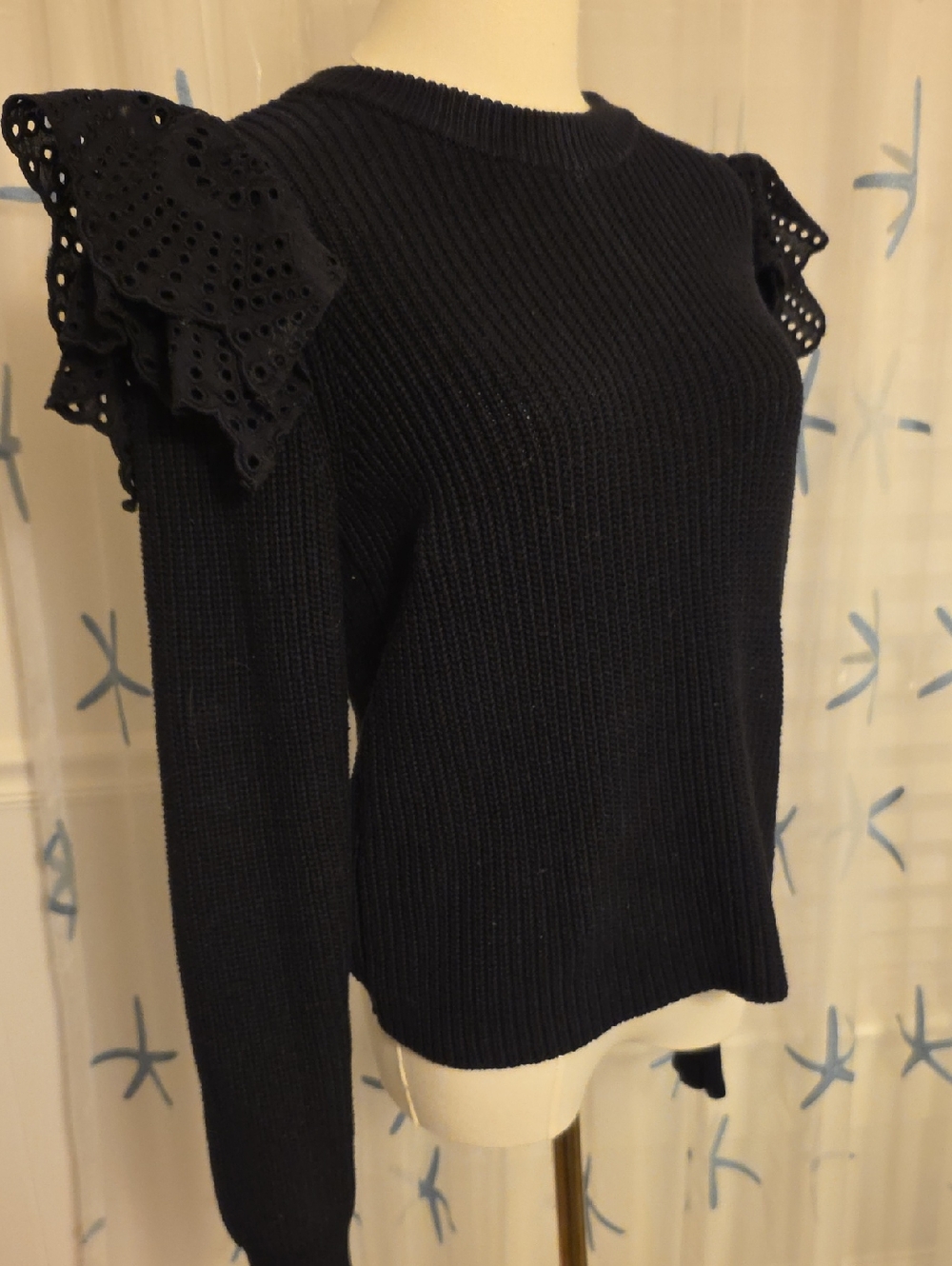 Lilla P Black Eyelet Ruffle Shoulder Rib Knit Sweater